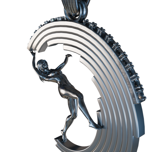 Side profile showing goddess motif with wave-like arcs and oxidized contrasts (925 sterling silver)