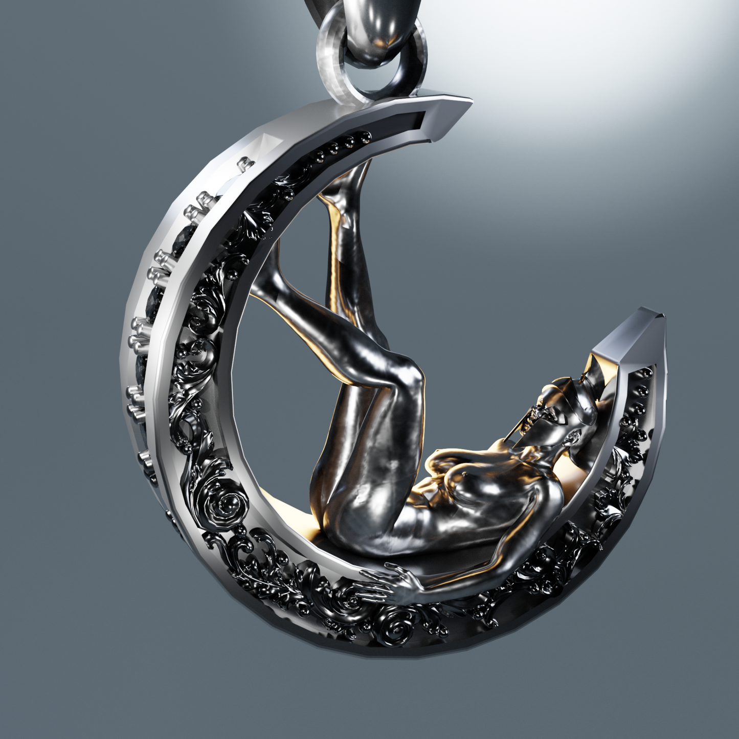 Moon Dream pendant worn — celestial sterling silver necklacee
