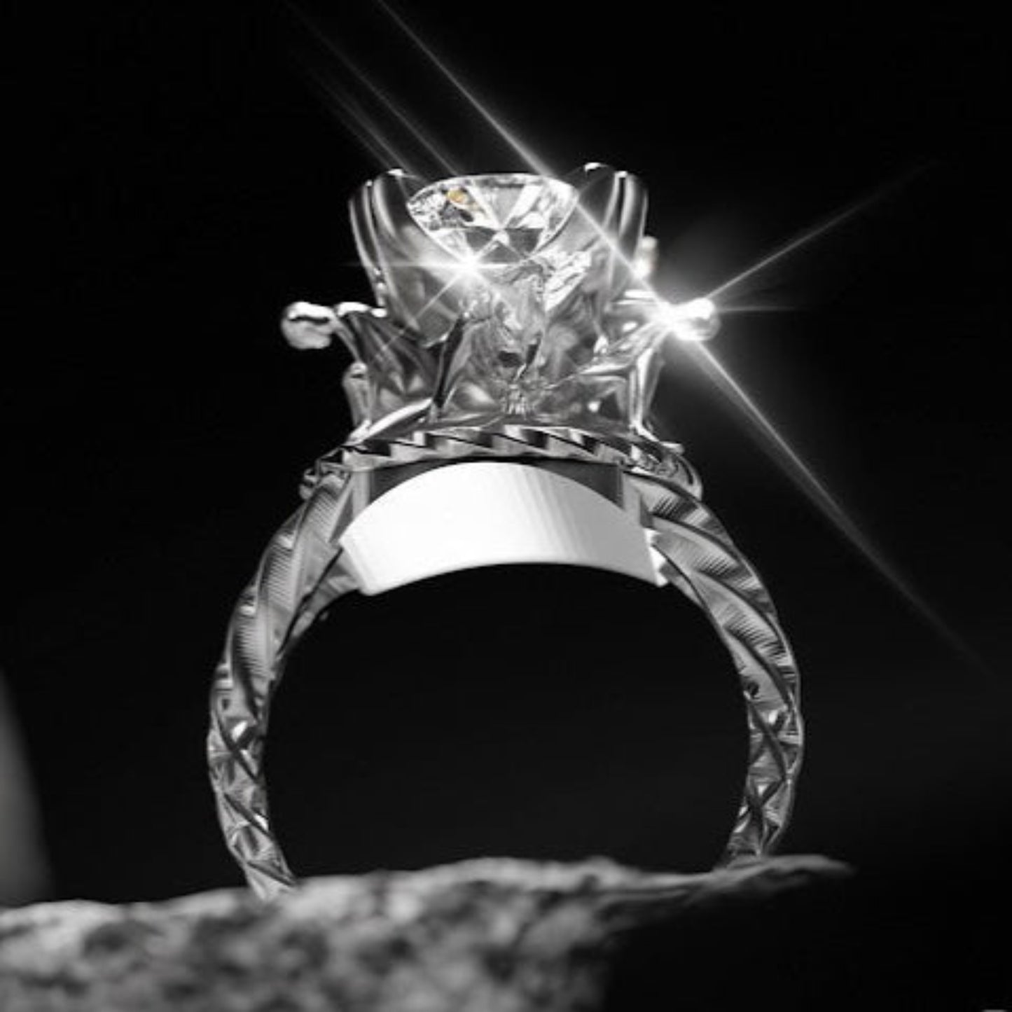Detail of organic botanical relief on oxidized sterling silver ring