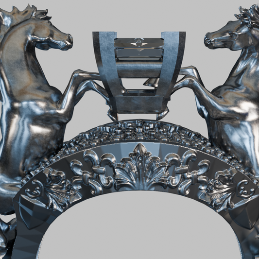 Side profile showing twin Pegasi in high-relief on a 925 sterling silver ring.