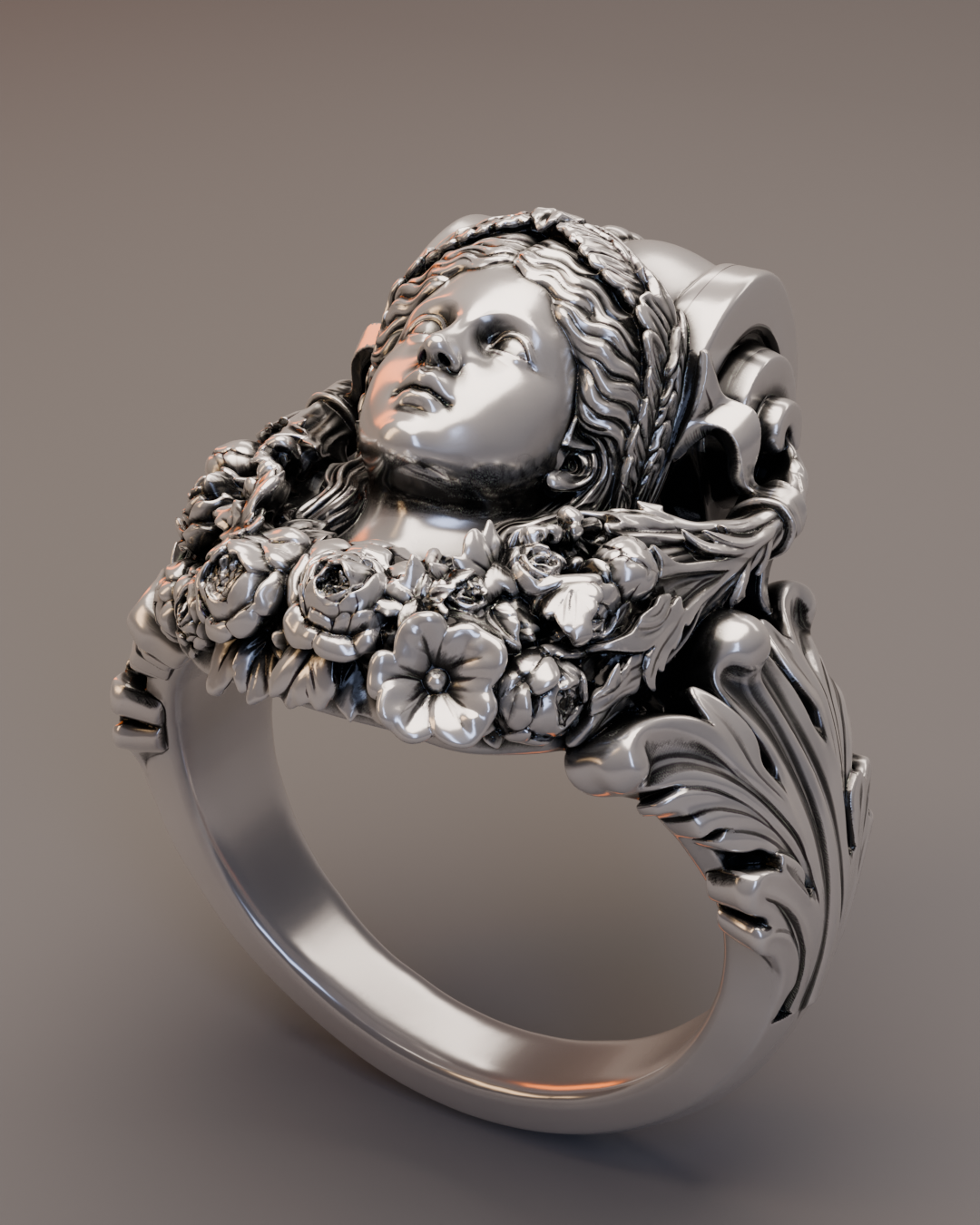view of silver caryatid ring with floral relief details