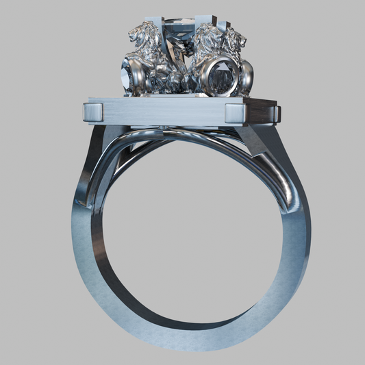 Side profile of sterling silver (925) Nemean Lion ring with oxidized contrasts