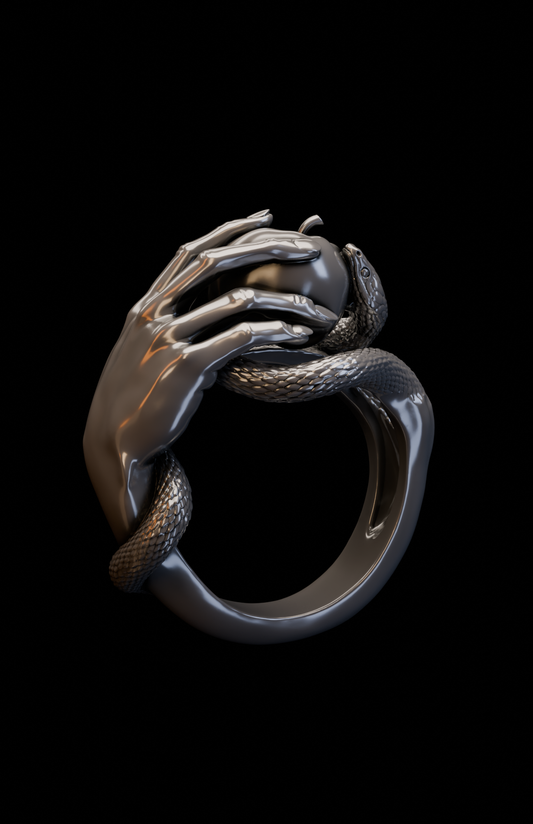 silver ring with hand serpent and apple design