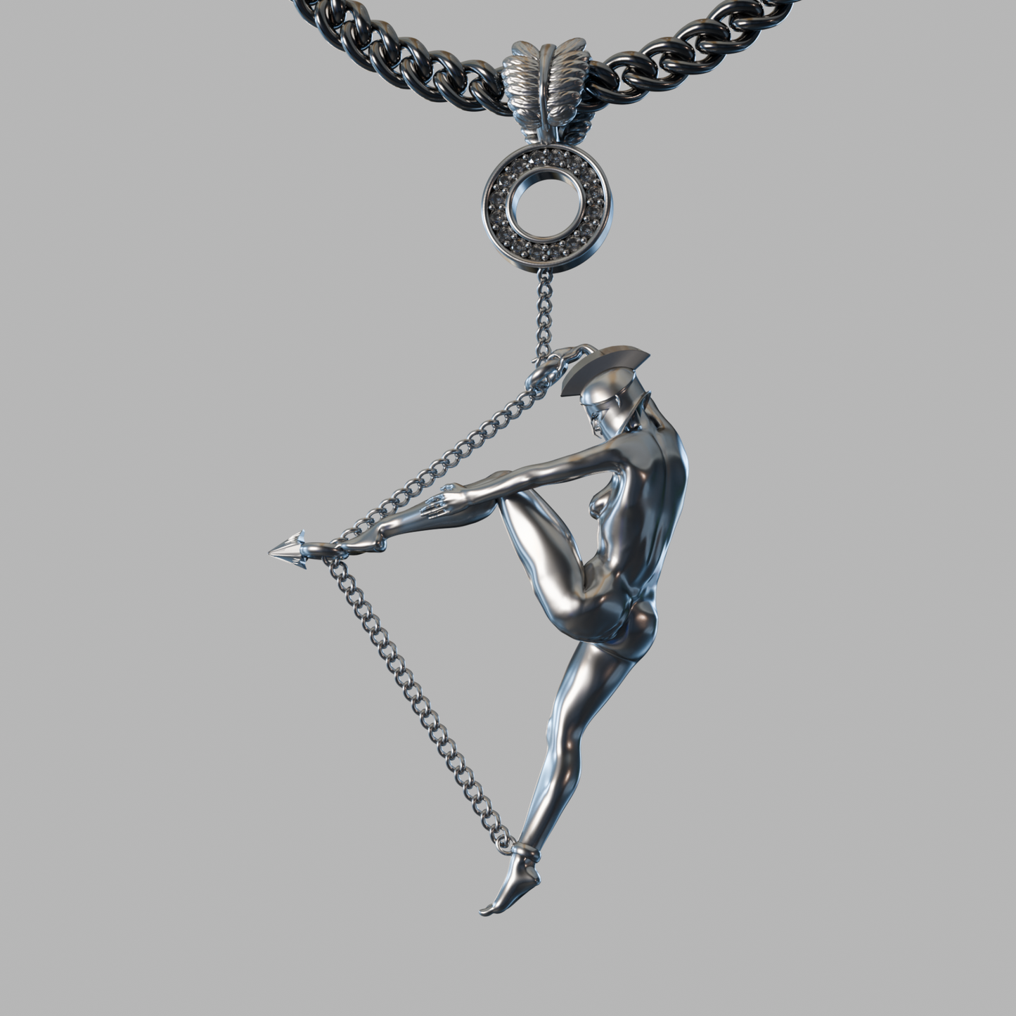 Angled view of sterling silver archer pendant — Aurea Nova Jewelry