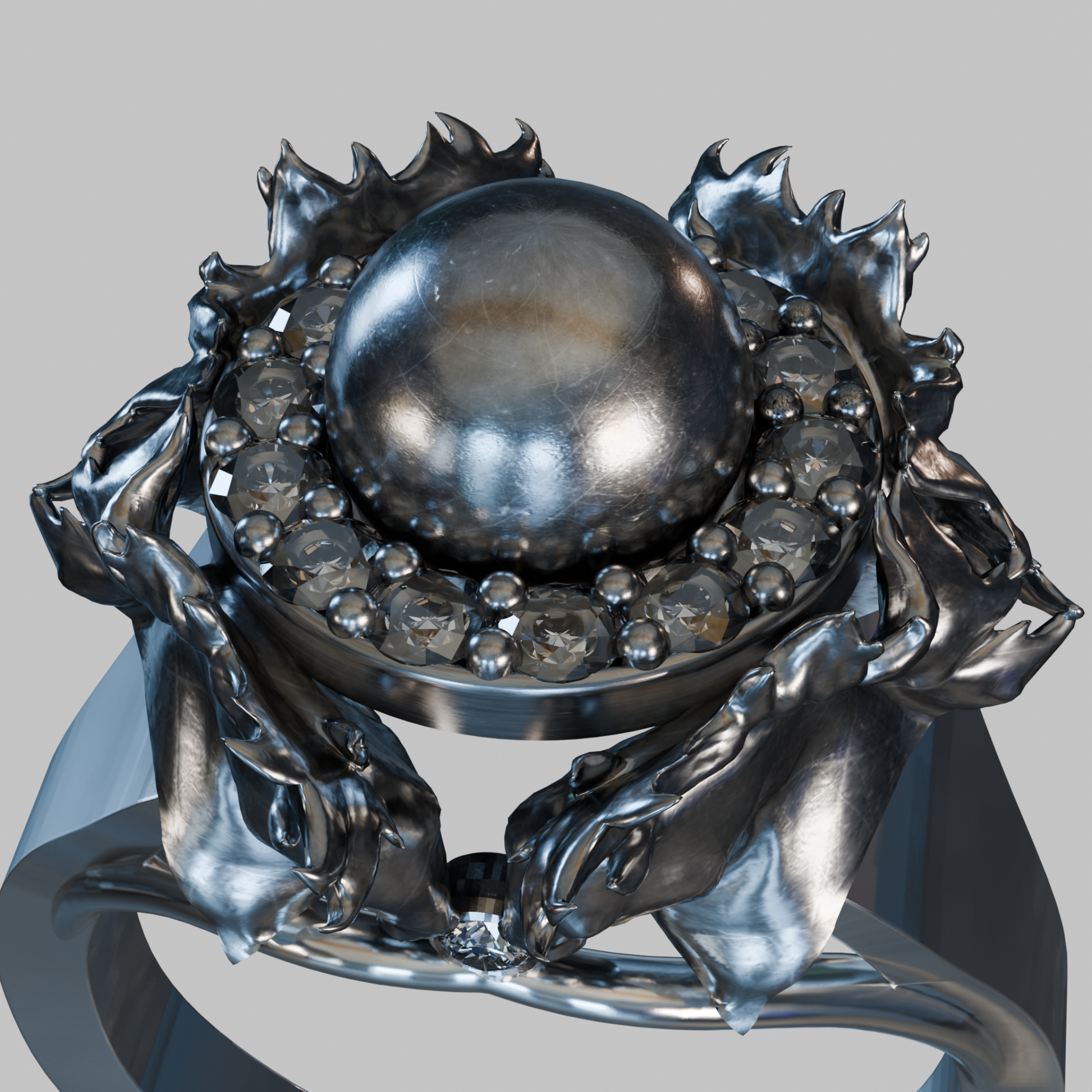 Angled view of equestrian sterling silver (925) statement ring with brilliant-cut moissanite