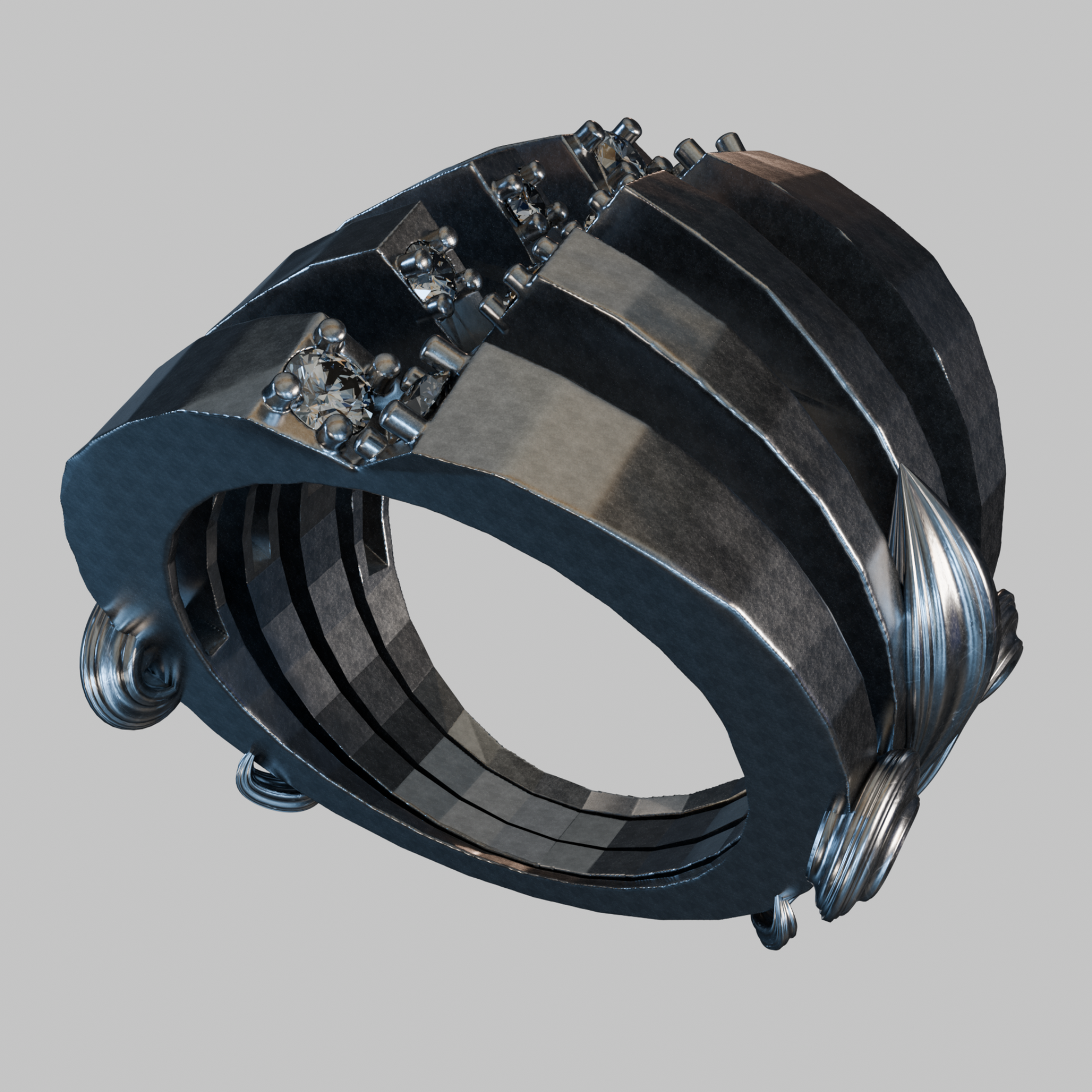 Angled view of Bifrost sterling silver statement ring — oxidized contrasts