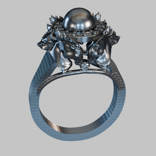 Front view of “Guardians of the Ether” 925 sterling silver horse-head ring — sculptural high-relief