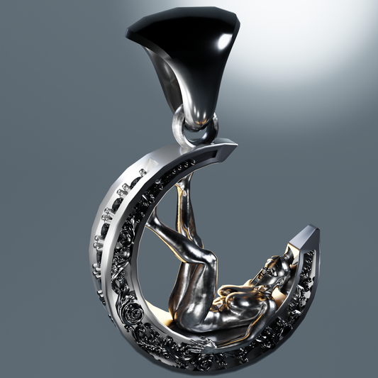 Front view of Moon Dream — 925 sterling silver crescent moon pendant necklace in sculptural relief