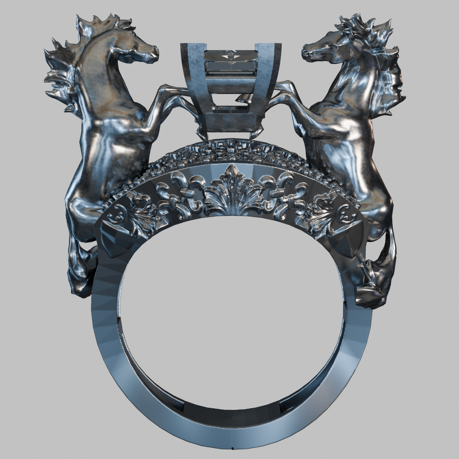 Front view of The Cry of Pegasus sterling silver (925) Pegasus ring — Aurea Nova Jewelry