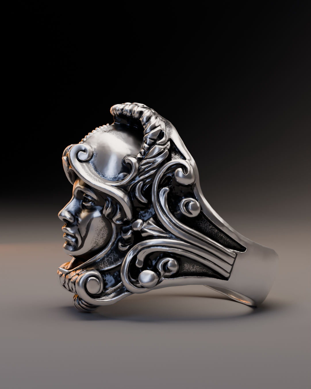 Threshold Guardian Ring with architectural volutes and carved facade details