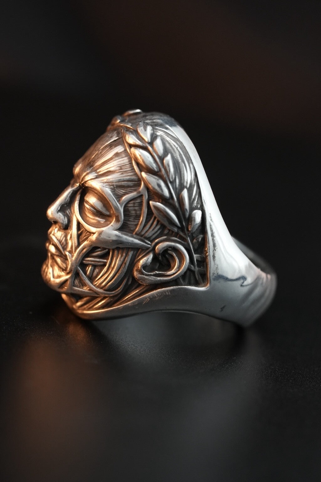 Right profile of the Anatomy of Power sterling silver ring and band