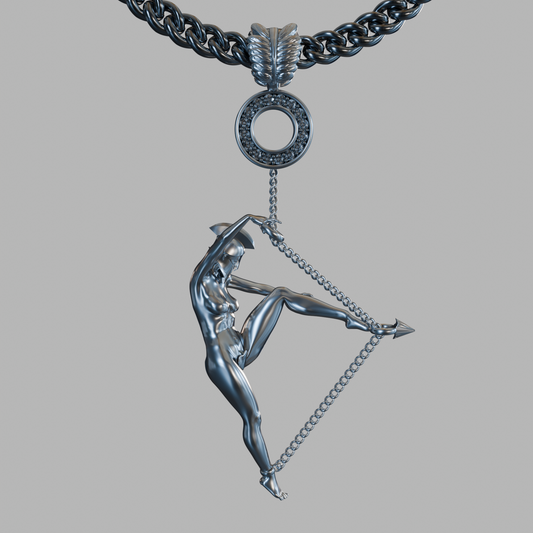 Front view of Amazona, Lady of the Arrows — 925 sterling silver archer pendant necklace in sculptural relief