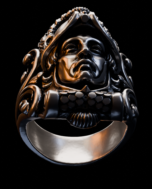 side view of architectural guardian ring with carved face details