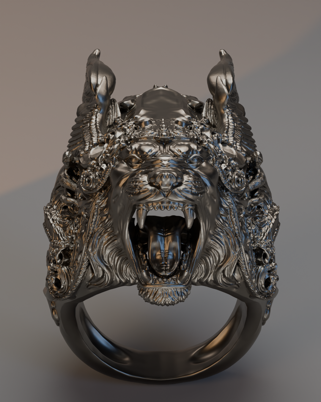 Arkangelion Ring – Winged Lion Sculptural Ring in Sterling Silver