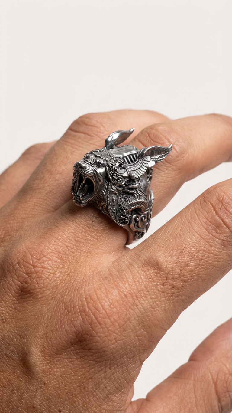 Arkangelion Ring – Winged Lion Sculptural Ring in Sterling Silver