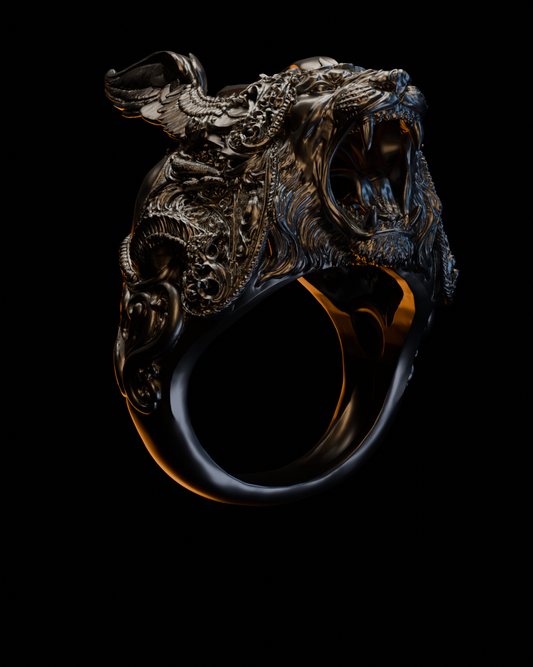 Arkangelion Ring – Winged Lion Sculptural Ring in Sterling Silver