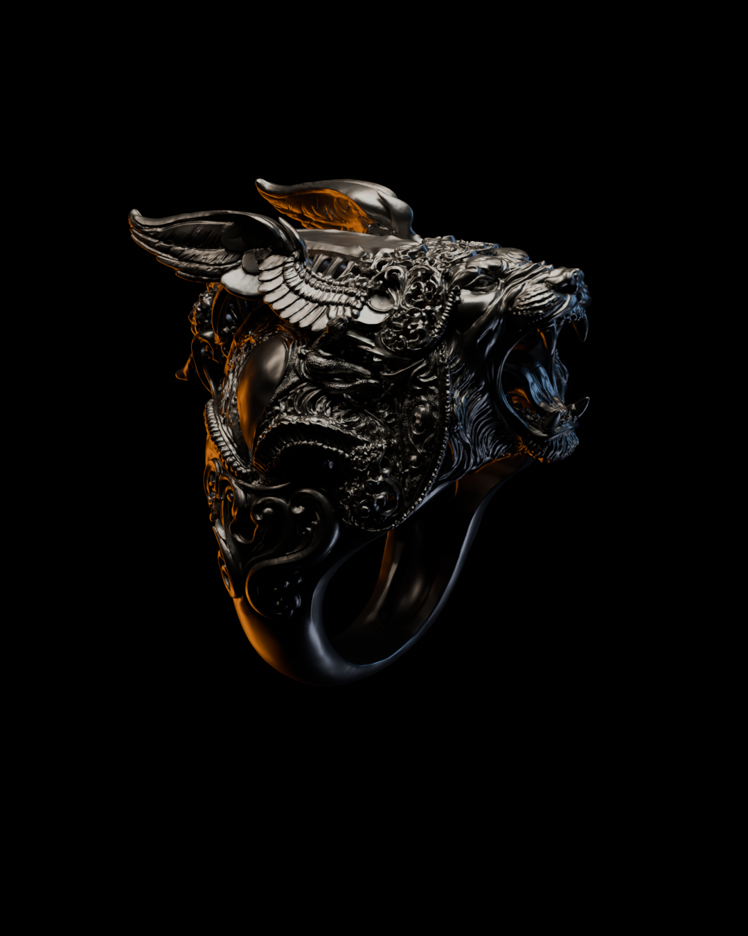 Arkangelion Ring – Winged Lion Sculptural Ring in Sterling Silver