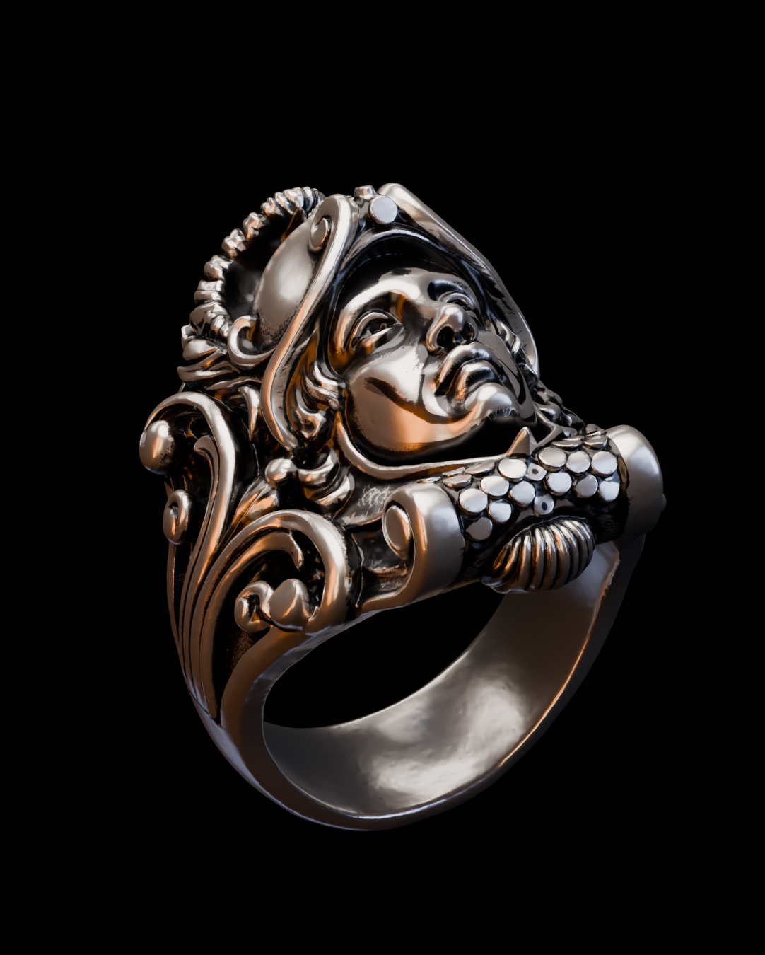artistic silver ring with guardian mask and architectural ornamentation