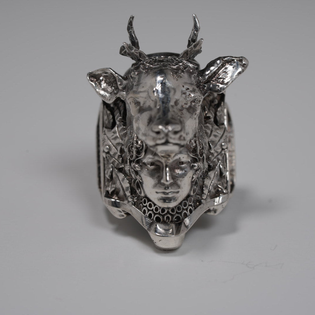 “Greek mythology stag transformation detail — 925 sterling silver ring”