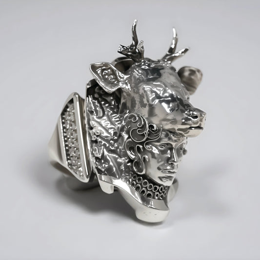 “Sterling silver 925 Actaeon ring — side profile sculptural relief detail”