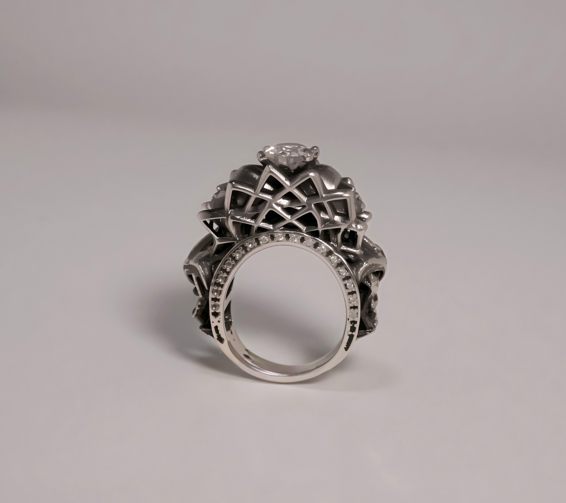 “Sculptural mandala ring in solid sterling silver 925 — angled view”