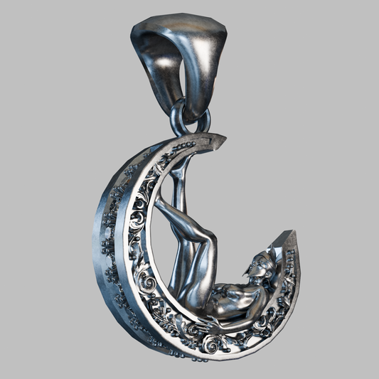 Side profile showing oxidized contrasts on sterling silver (925) lunar pendant