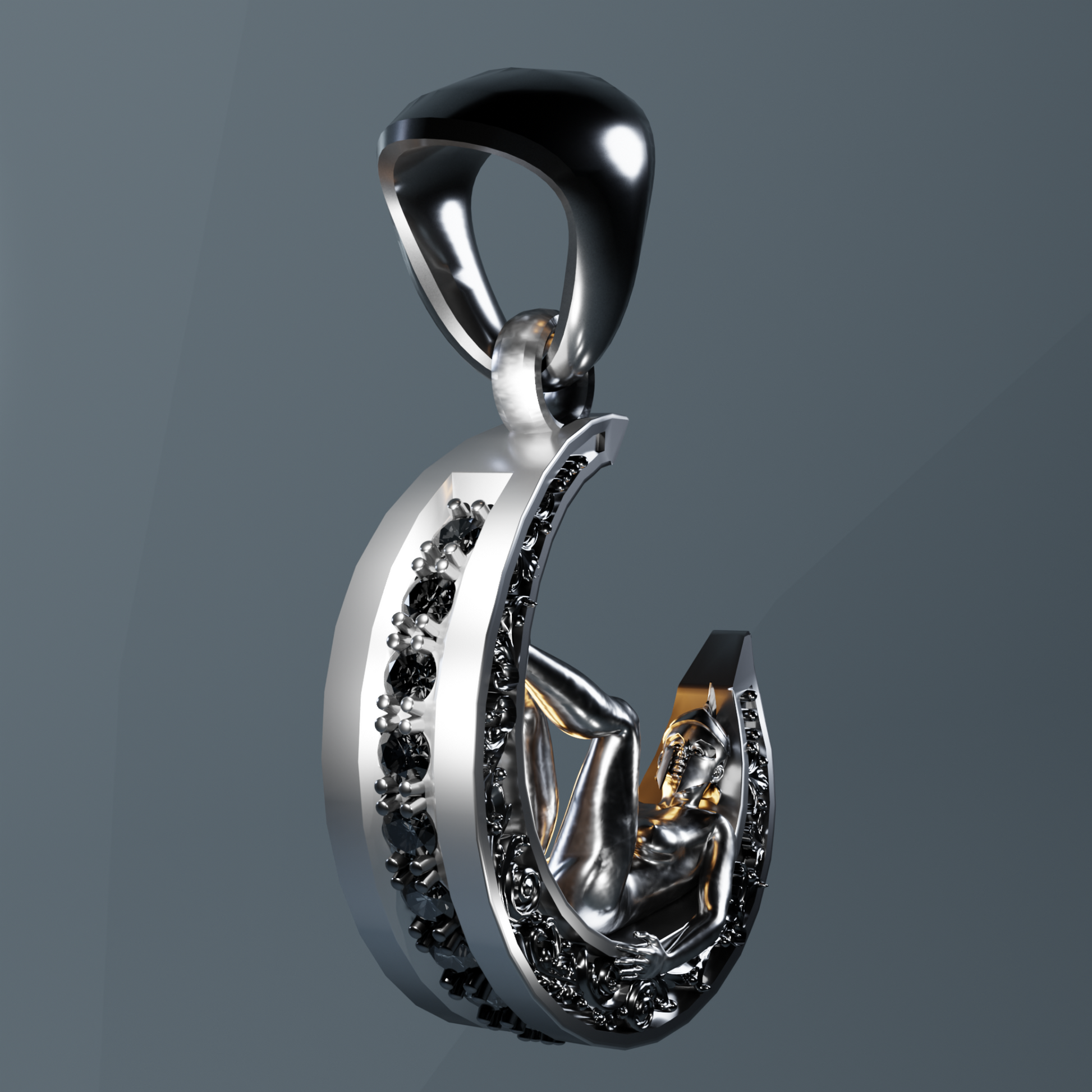 Angled view of celestial sterling silver moon pendant — Aurea Nova Jewelry

