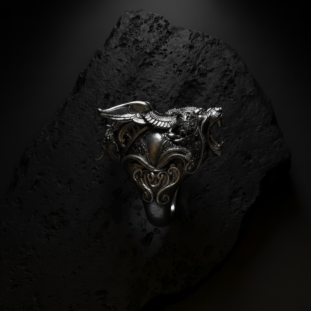 Arkangelion Ring – Winged Lion Sculptural Ring in Sterling Silver