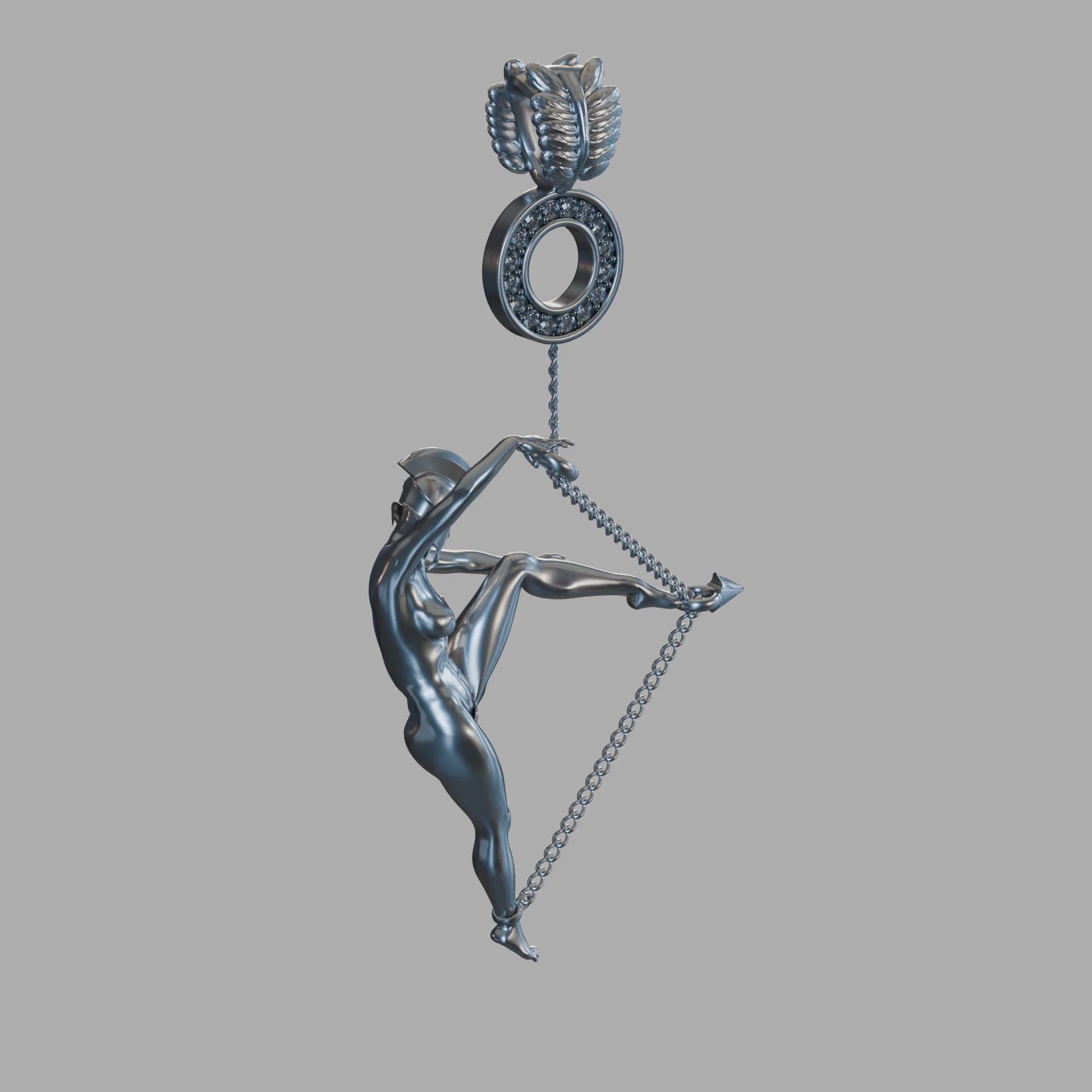 Front view of Amazona, Lady of the Arrows, sterling silver archer pendant — Aurea Nova Jewelry