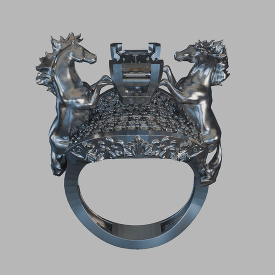Angled view of sterling silver Pegasus ring with oxidized contrasts and moissanite
