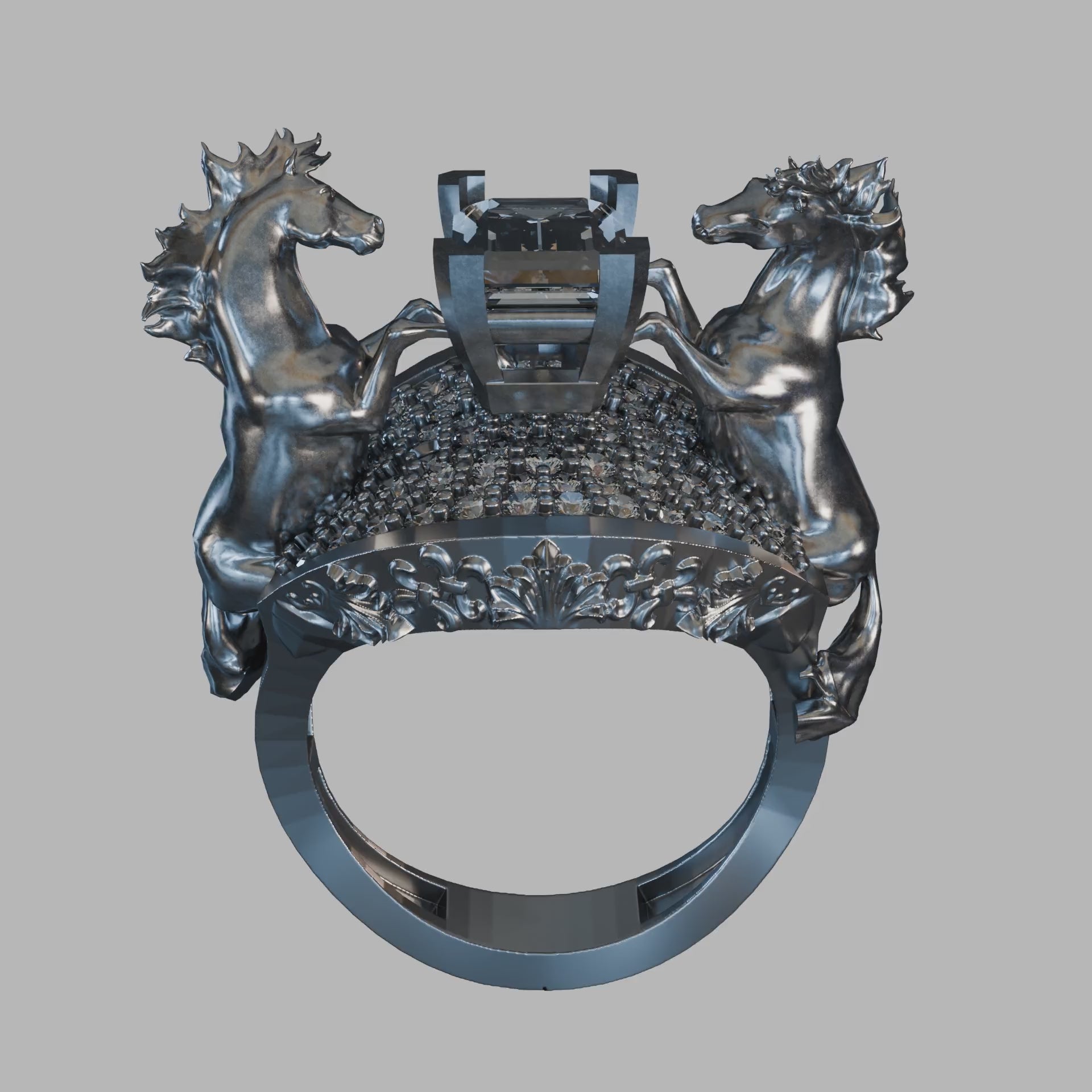 Angled view of sterling silver Pegasus ring with oxidized contrasts and moissanite