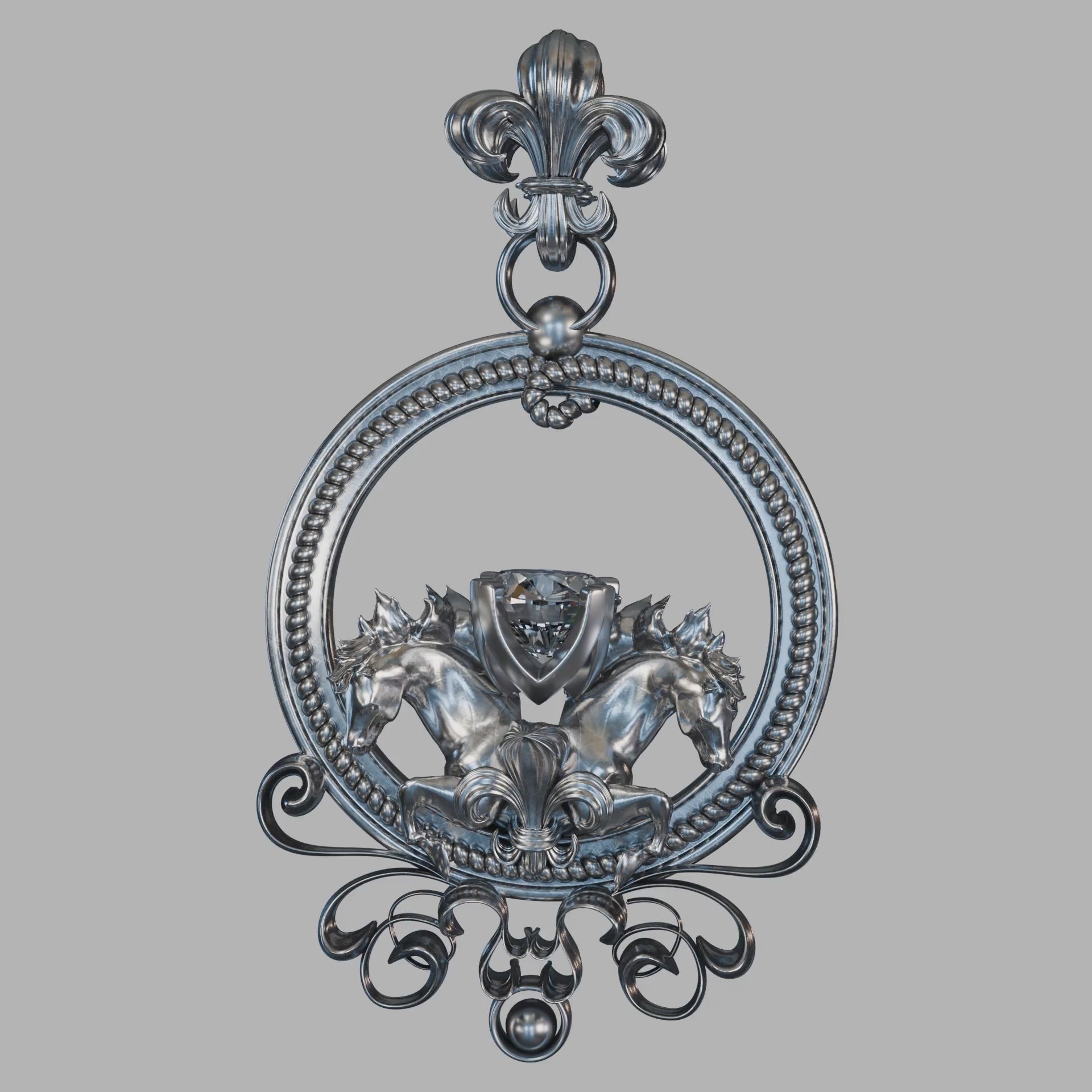 Angled view of sterling silver Pegasus pendant necklace — Aurea Nova Jewelry