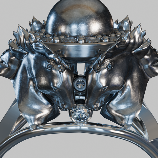 Side profile showing four horse heads and oxidized contrasts on sterling silver ring