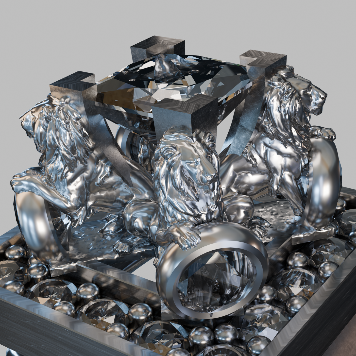 Angled view of lion-head statement ring in sterling silver — Aurea Nova Jewelry