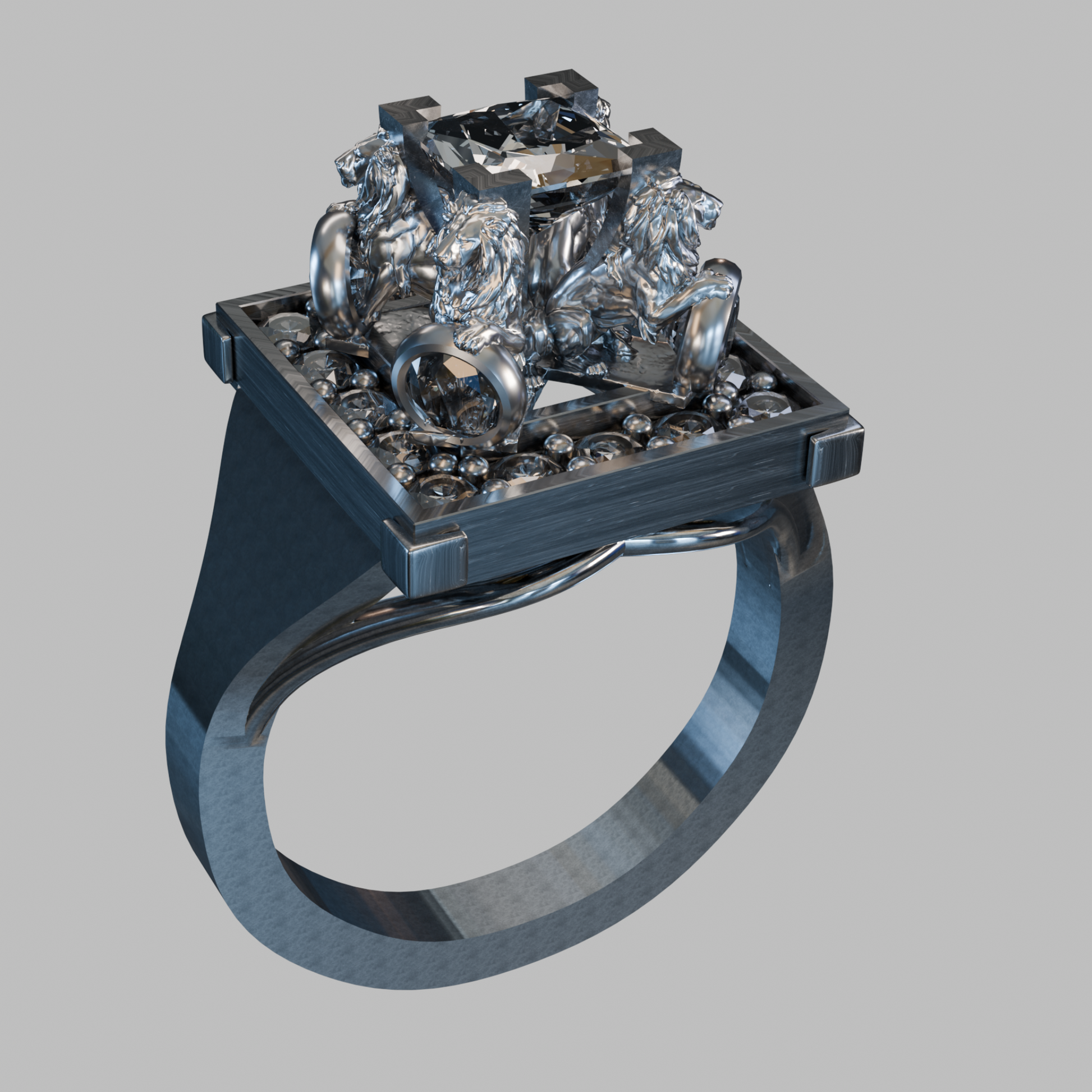 Front view of The Lion of Nemea — 925 sterling silver lion-head ring in sculptural high-relief