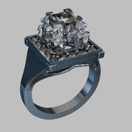 Front view of The Lion of Nemea — 925 sterling silver lion-head ring in sculptural high-relief