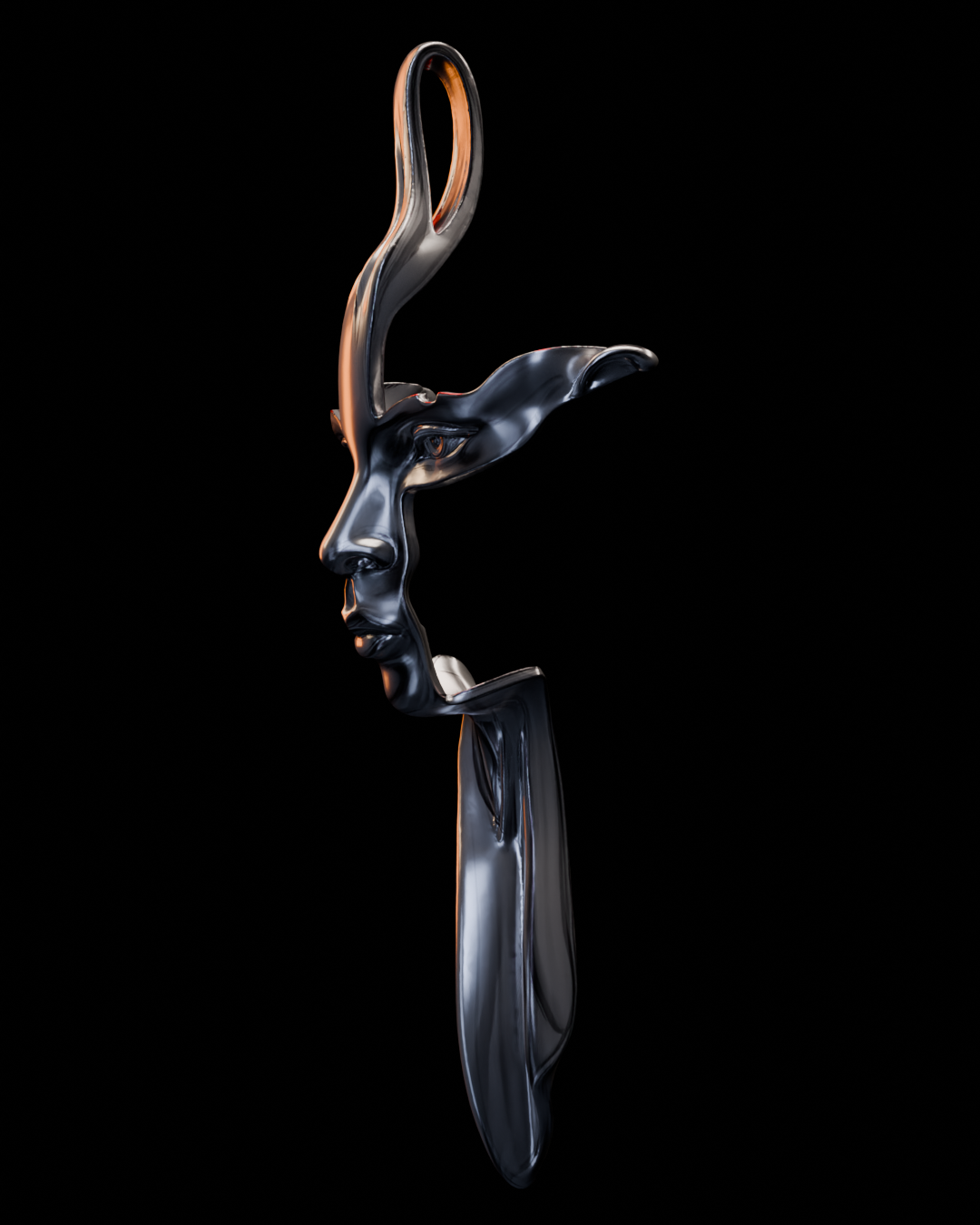 sculptural silver pendant with fragmented human face design