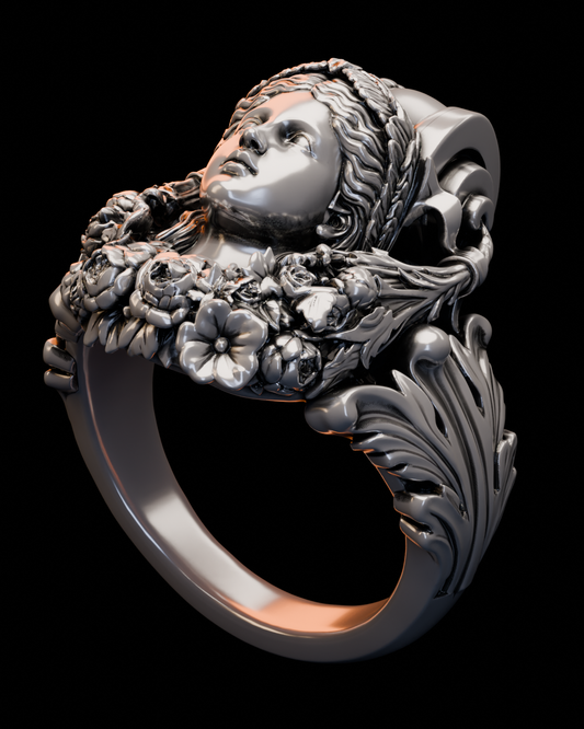 side view of Caryatid Ring with female figure and floral ornament
